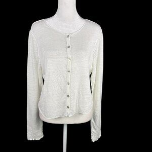 Cut Loose Women's L Linen Blend Button Up Cardigan Ivory Cropped Long Sleeve
